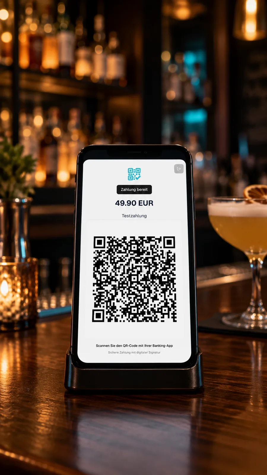 QR-code payment at a bar counter