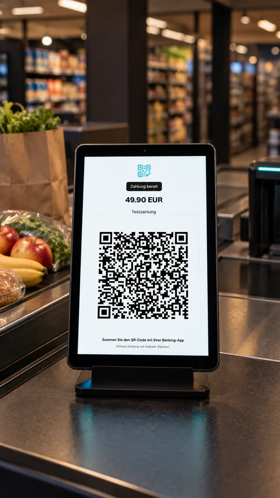 QR-code payment at a grocery checkout